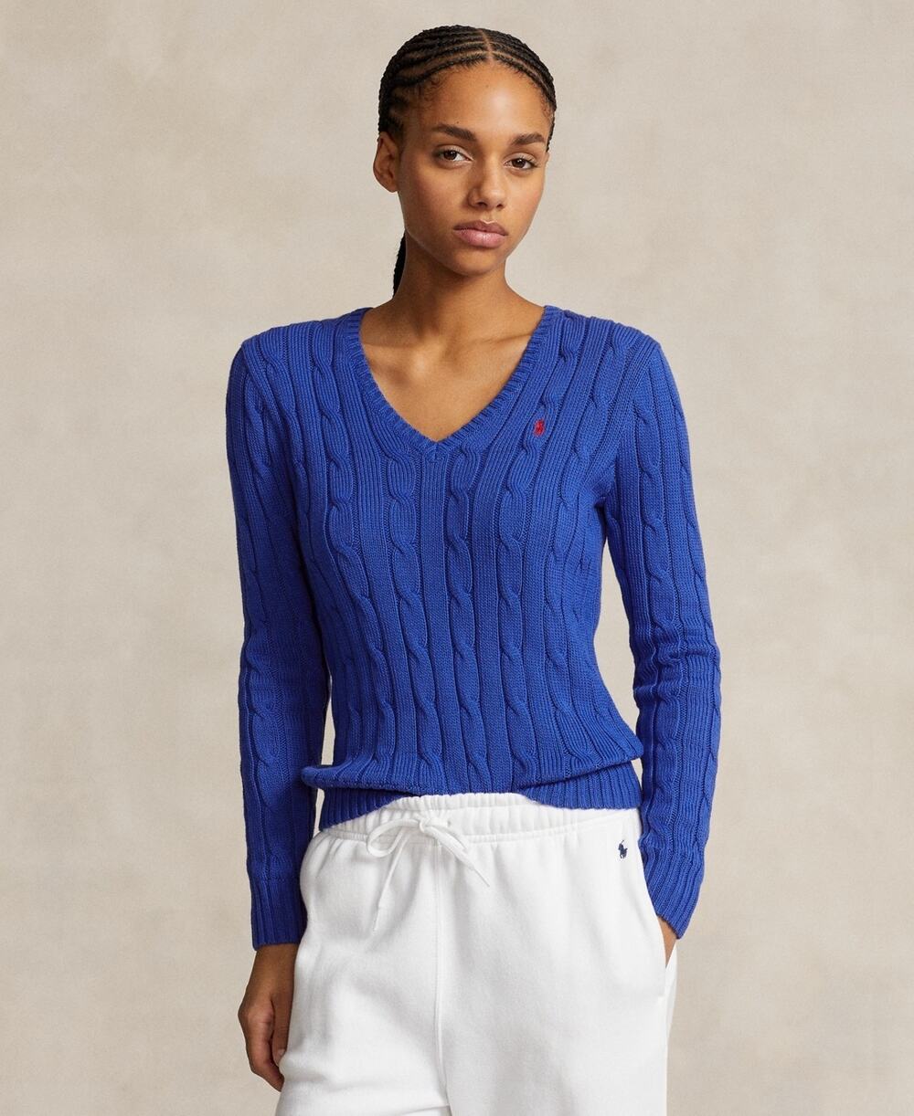 Polo Ralph Lauren Women's Cable-Knit Cotton V-Neck Sweater Blue Size Xs 0155